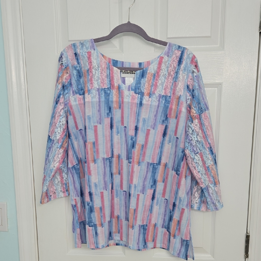 Alfred Dunner Relaxed Blue and Pink 3/4 Sleeve Blouse